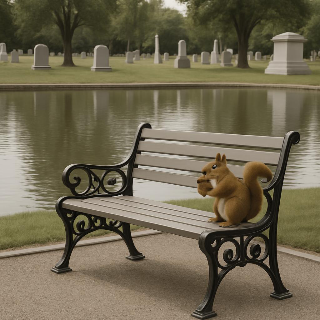 A cartoon squirrel in a cemetery park, sitting on an ornate bench, with a grave in the background.