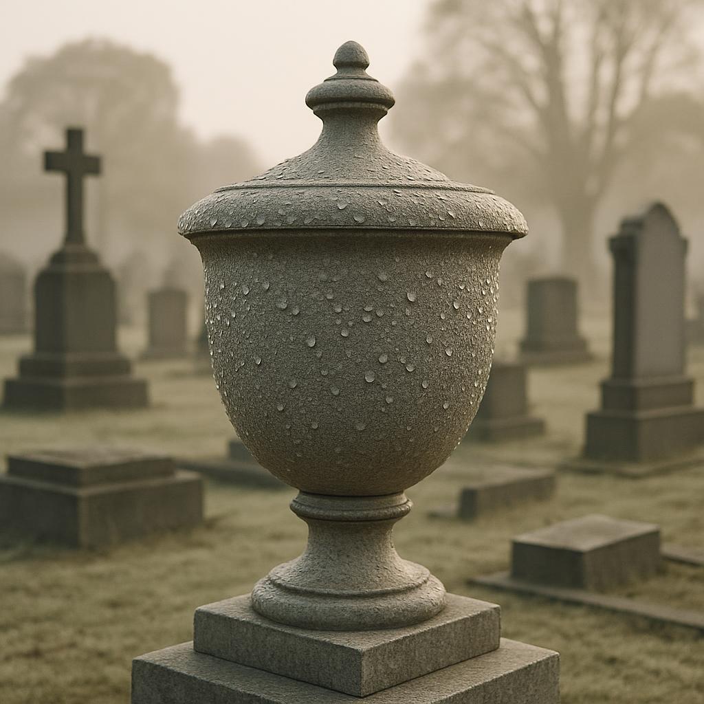 The weathered stone urn atop a gravesite with rows of headstones and crosses visible in the background, covered in a soft ...