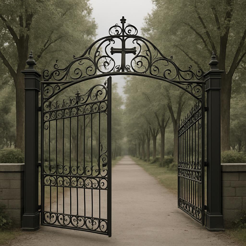 The entrance to a cemetery is marked by a black iron gate with an ornate cross. The gate is set against a backdrop of tall...
