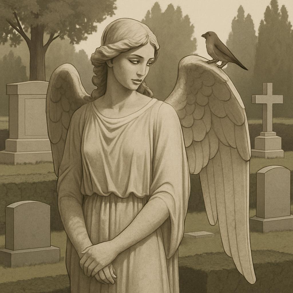 A grayscale illustration of an ethereal female angel standing amidst a serene cemetery, gazing down with a gentle expression.