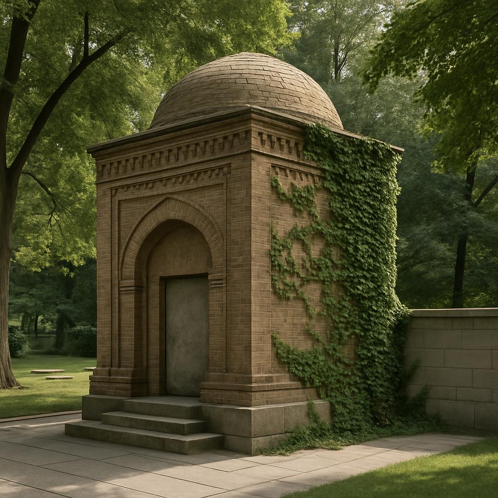 A tan brick structure with a dome-shaped roof, covered in green ivy, stands in a well-manicured grassy area.