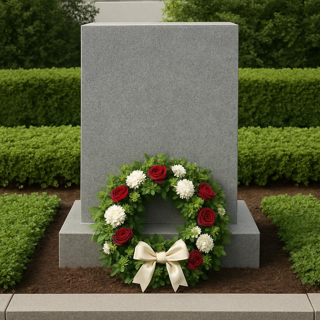 A solemn headstone adorned with a wreath and surrounded by manicured hedges in a tranquil cemetery setting.