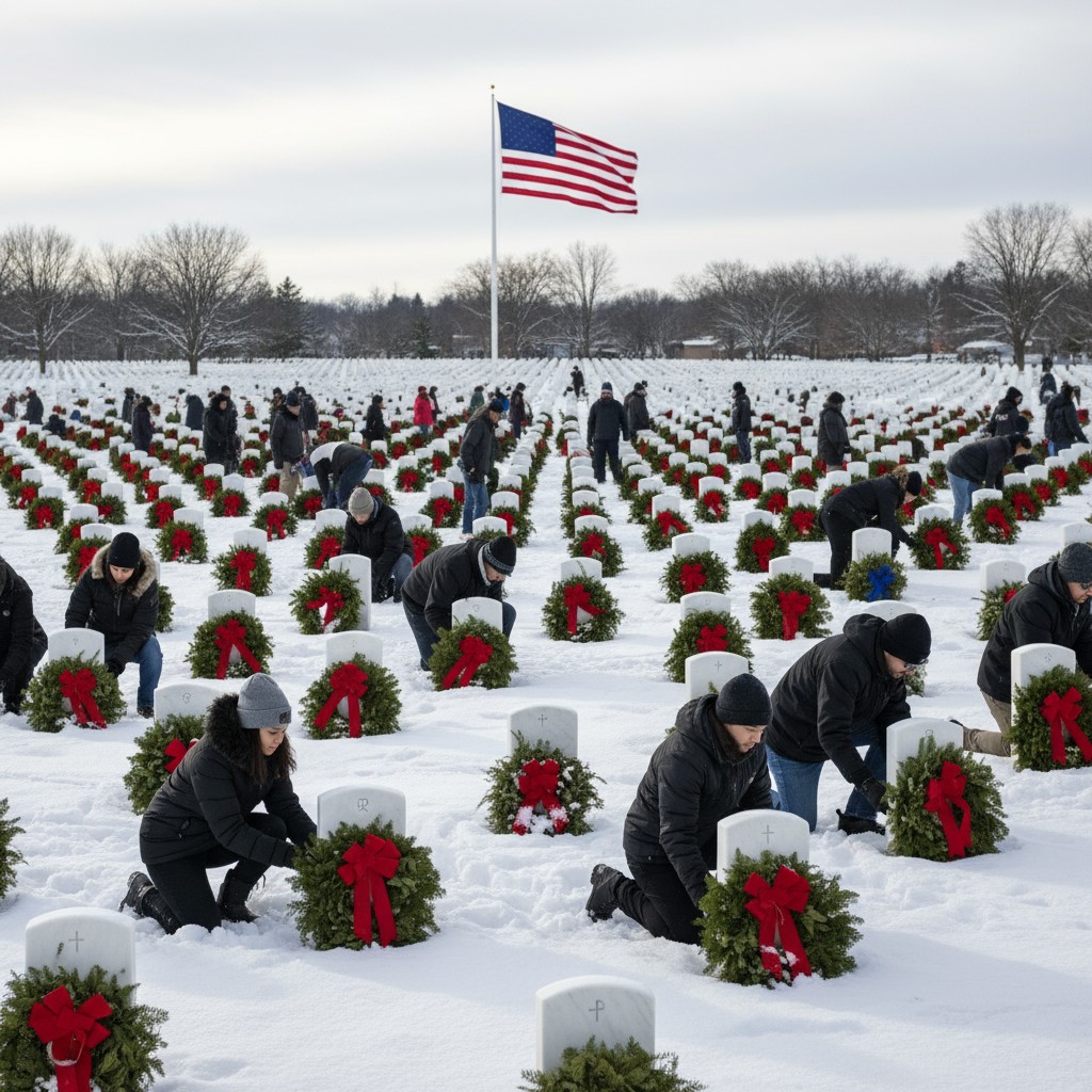 Large groups of people ###äm###ical-themed. ###äm### during winter season . ###äm### with red ribbons. American flag visib...